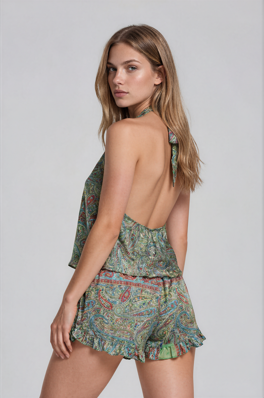Yeşil Paisley İpek Saten Crop Şort Takım