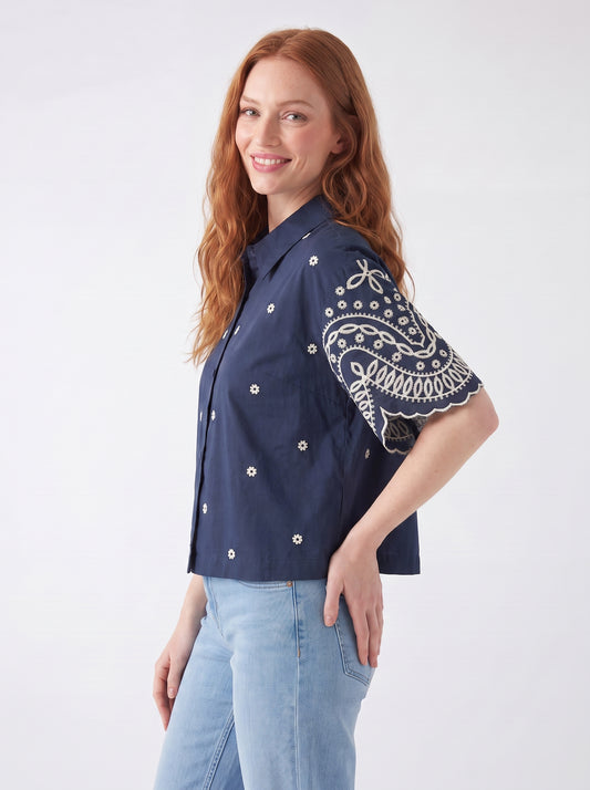 Lacivert Broderie Anglaise Crop Gömlek