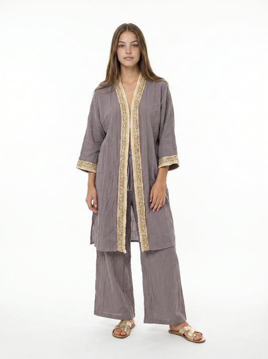 Mürdüm Müslin Payet Bordürlü Kimono Pantolon Takım