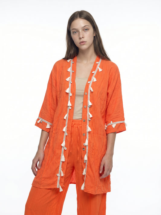 Turuncu Gofre Püskül Bordürlü Kimono Pantolon Takım