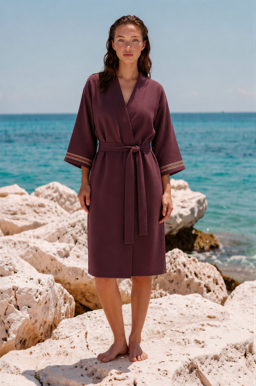 Bordo Etnik Dokuma Keten Kimono