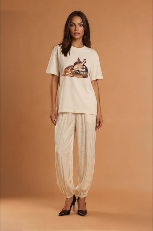 Krem Saten Jogger Pantolon