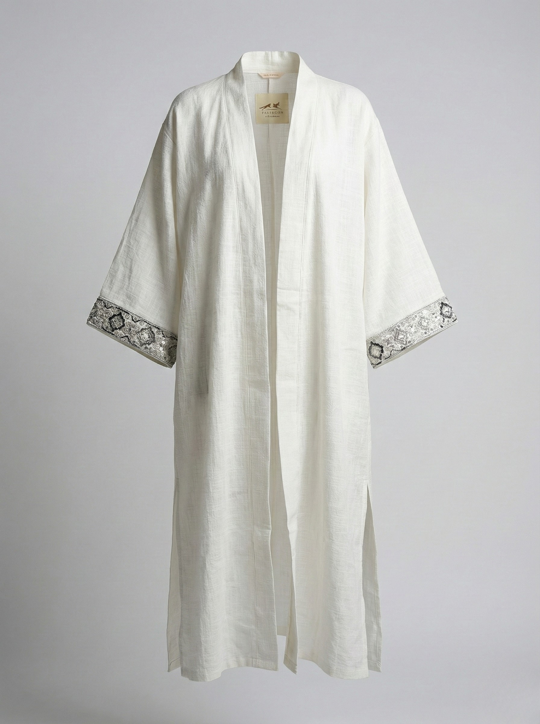 Beyaz Madalyon Desenli Keten Kimono