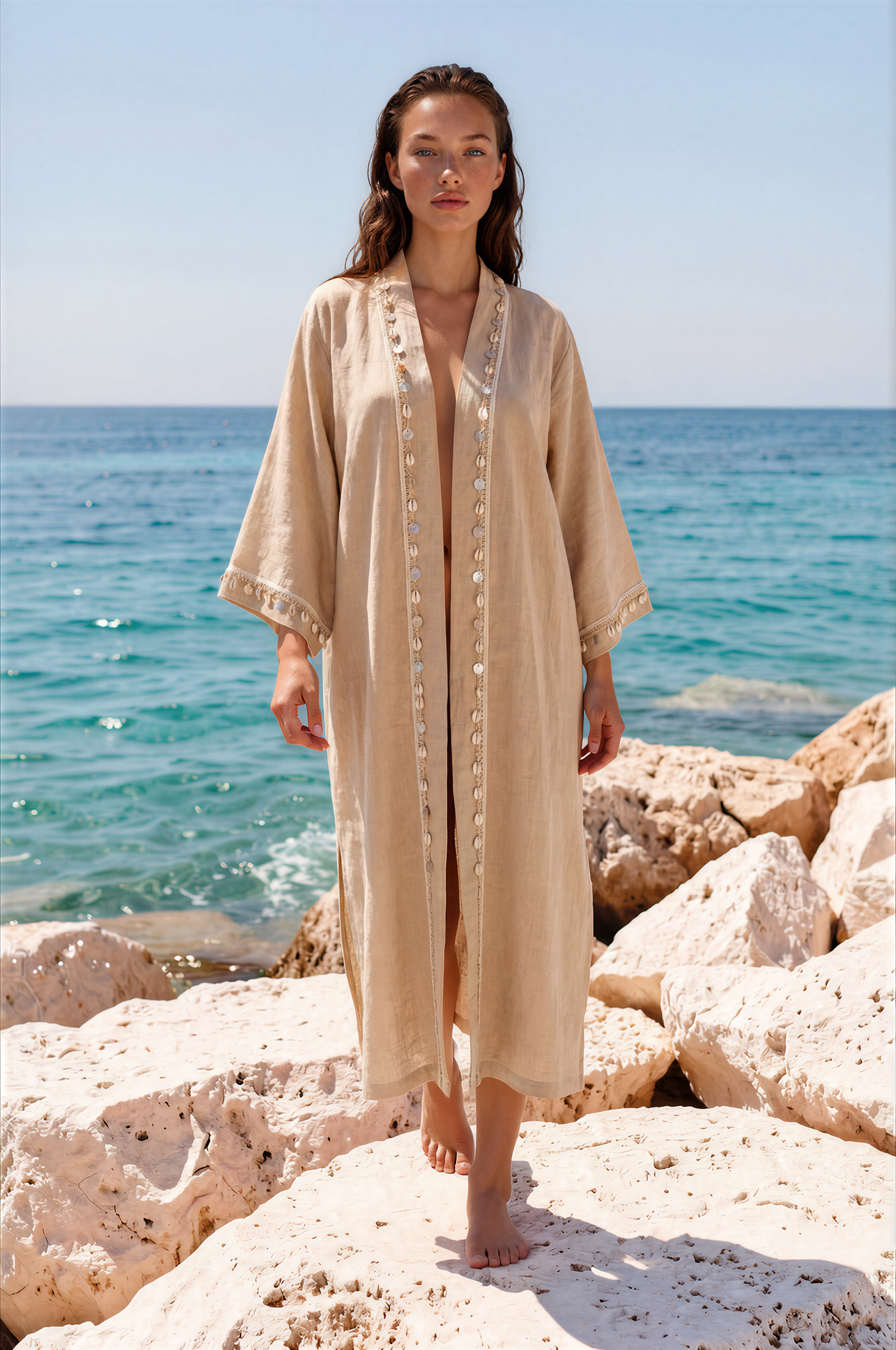 Krem Deniz Kabuklu Keten Kimono