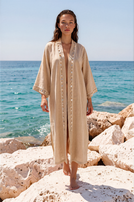 Krem Deniz Kabuklu Keten Kimono