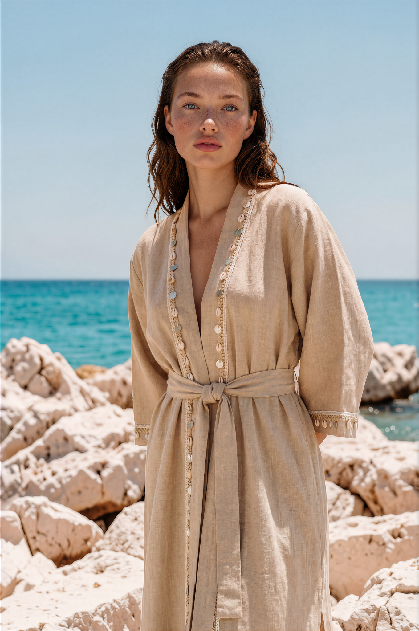 Krem Deniz Kabuklu Keten Kimono