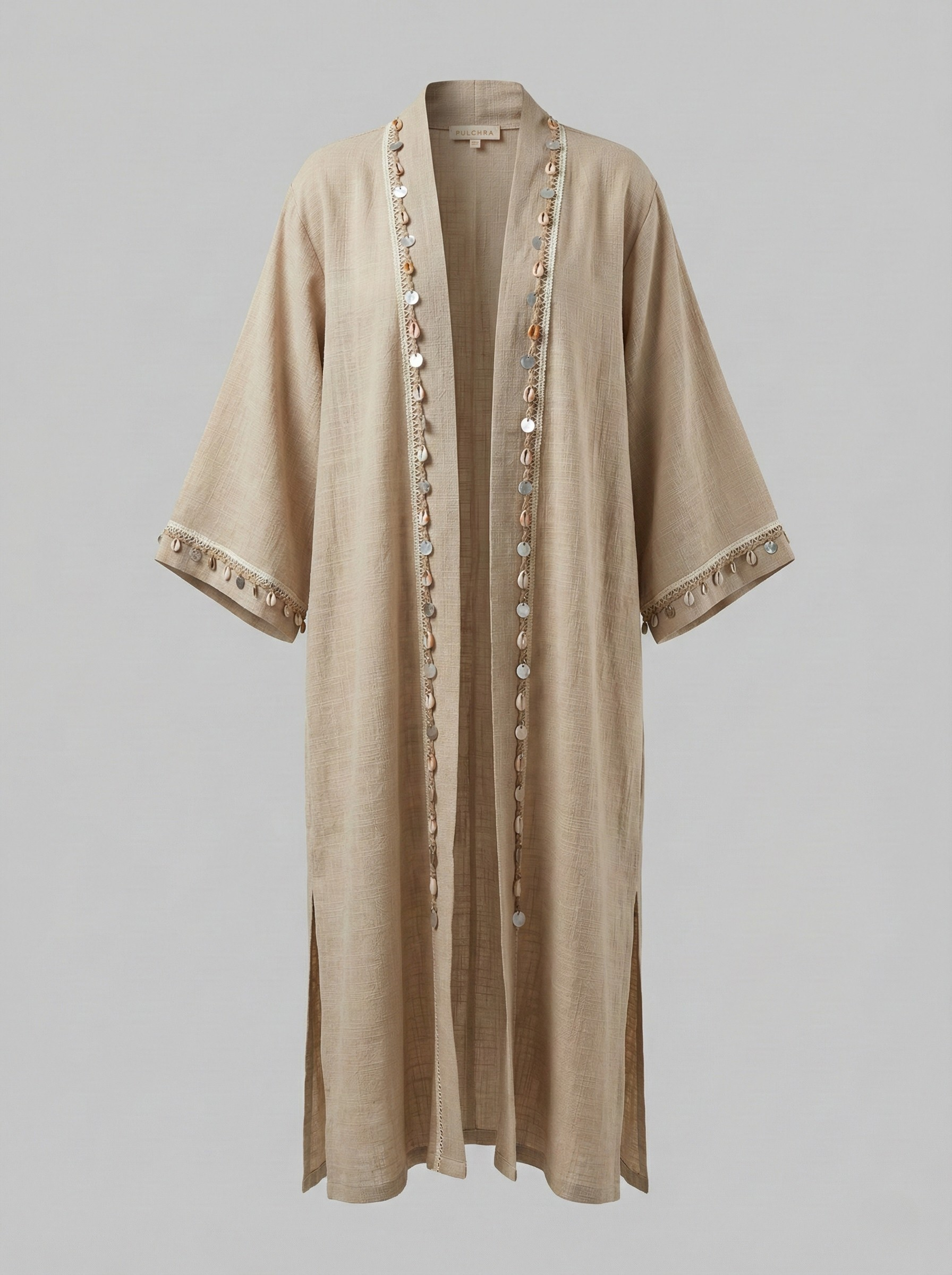 Krem Deniz Kabuklu Keten Kimono
