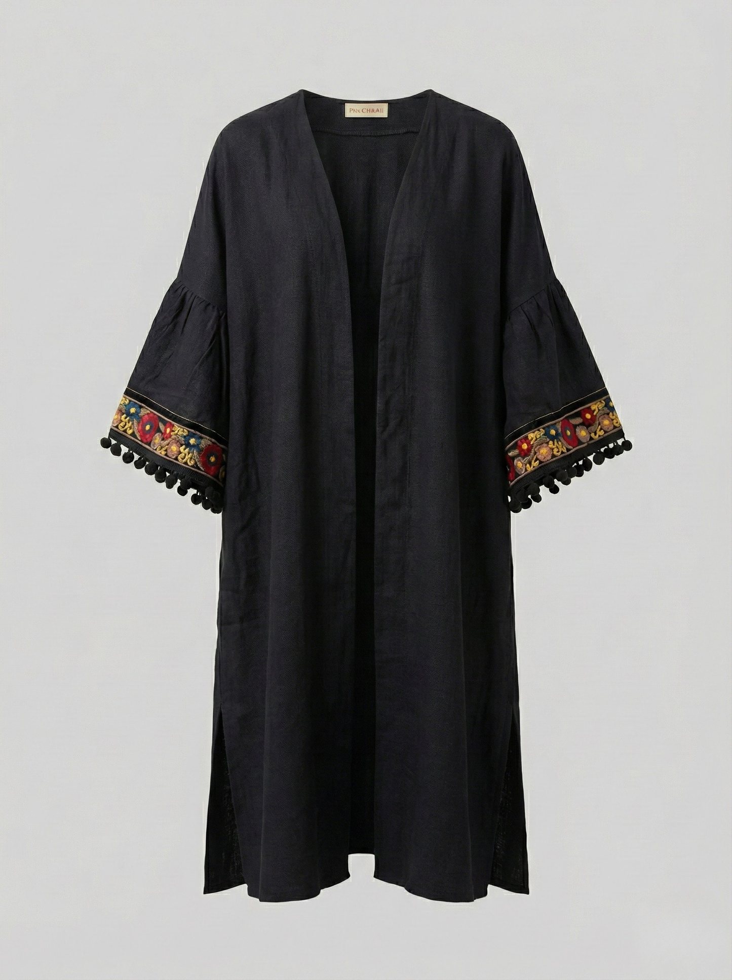Siyah Çiçek İşlemeli Keten Kimono