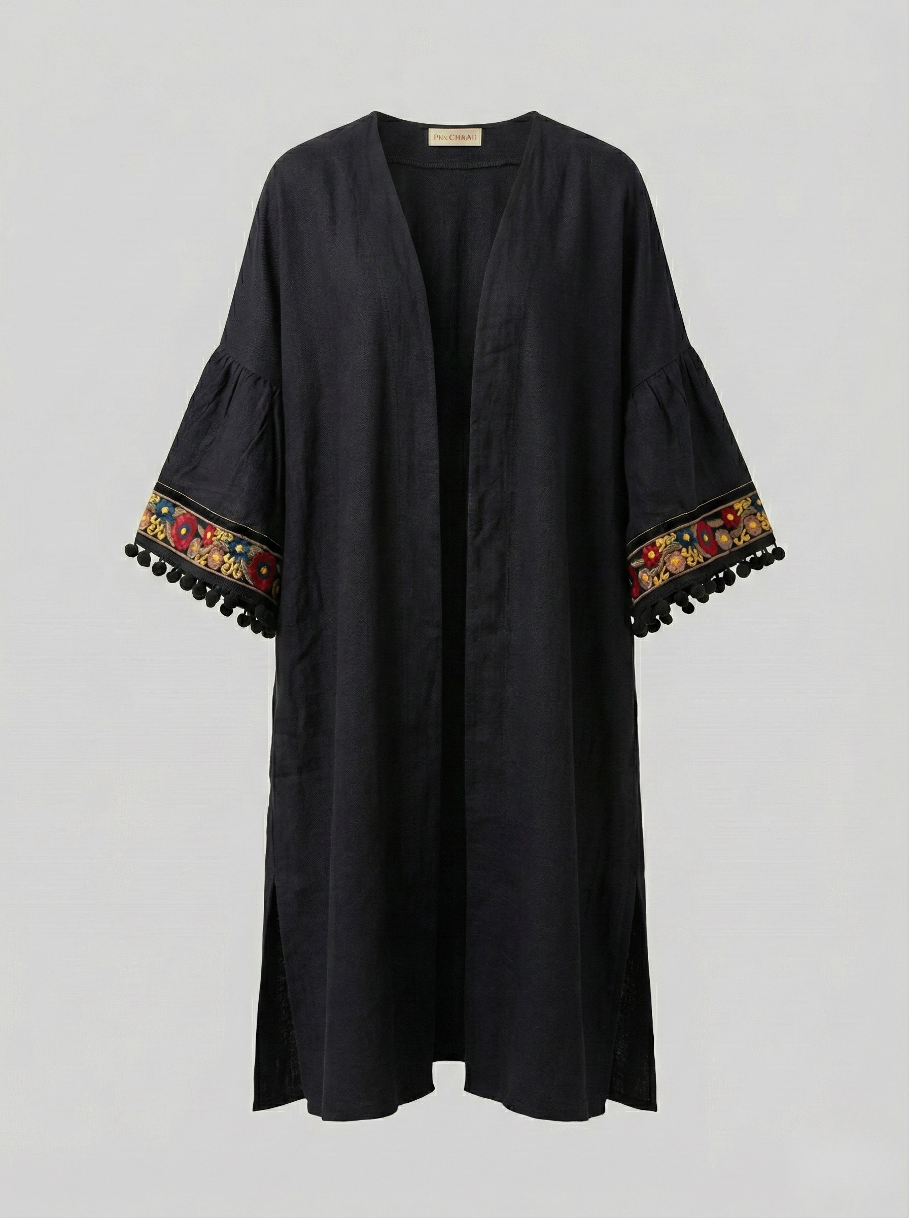 Siyah Çiçek İşlemeli Keten Kimono