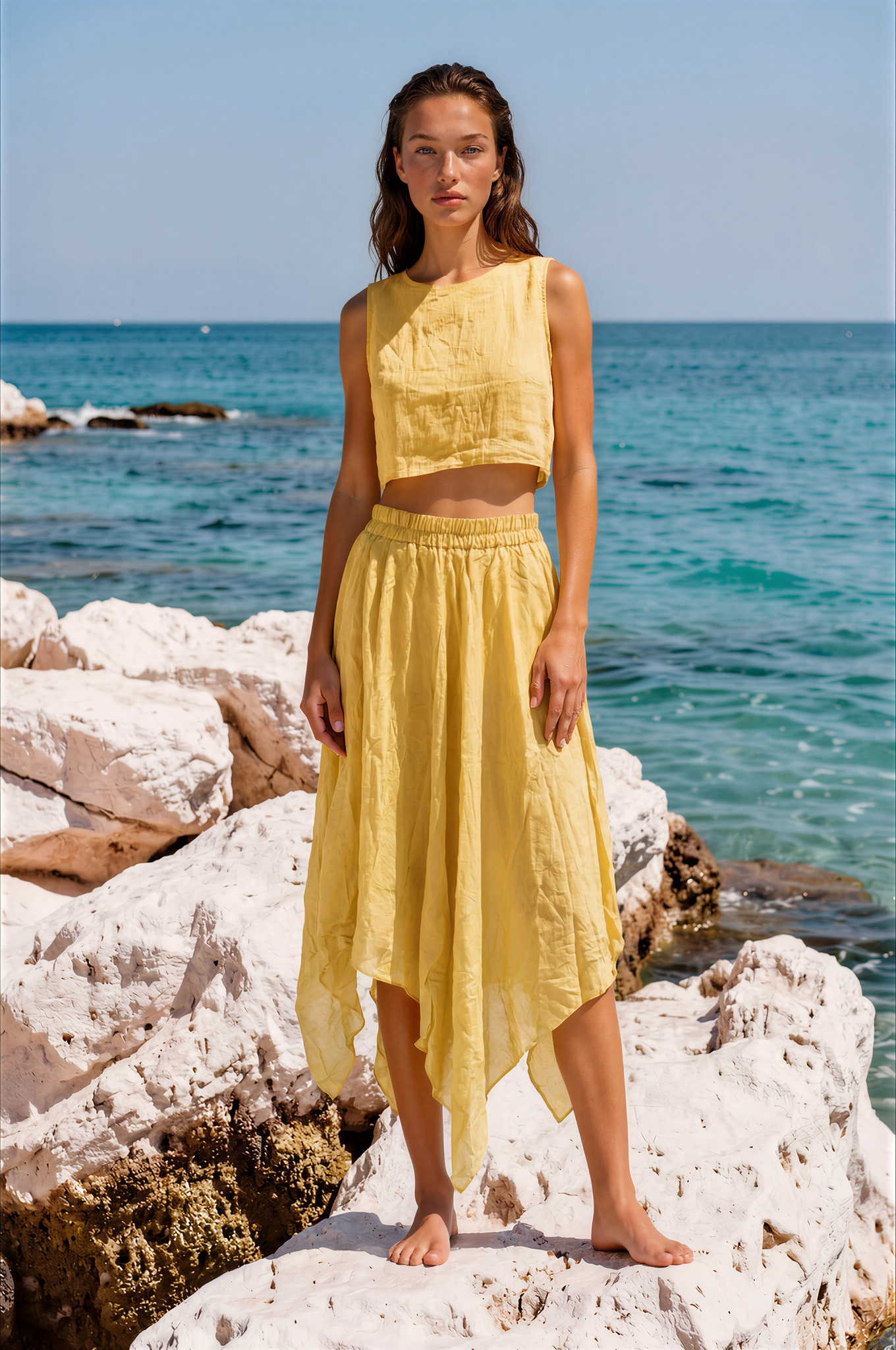 Hardal Sarısı Saten Crop Mendil Etek Takım