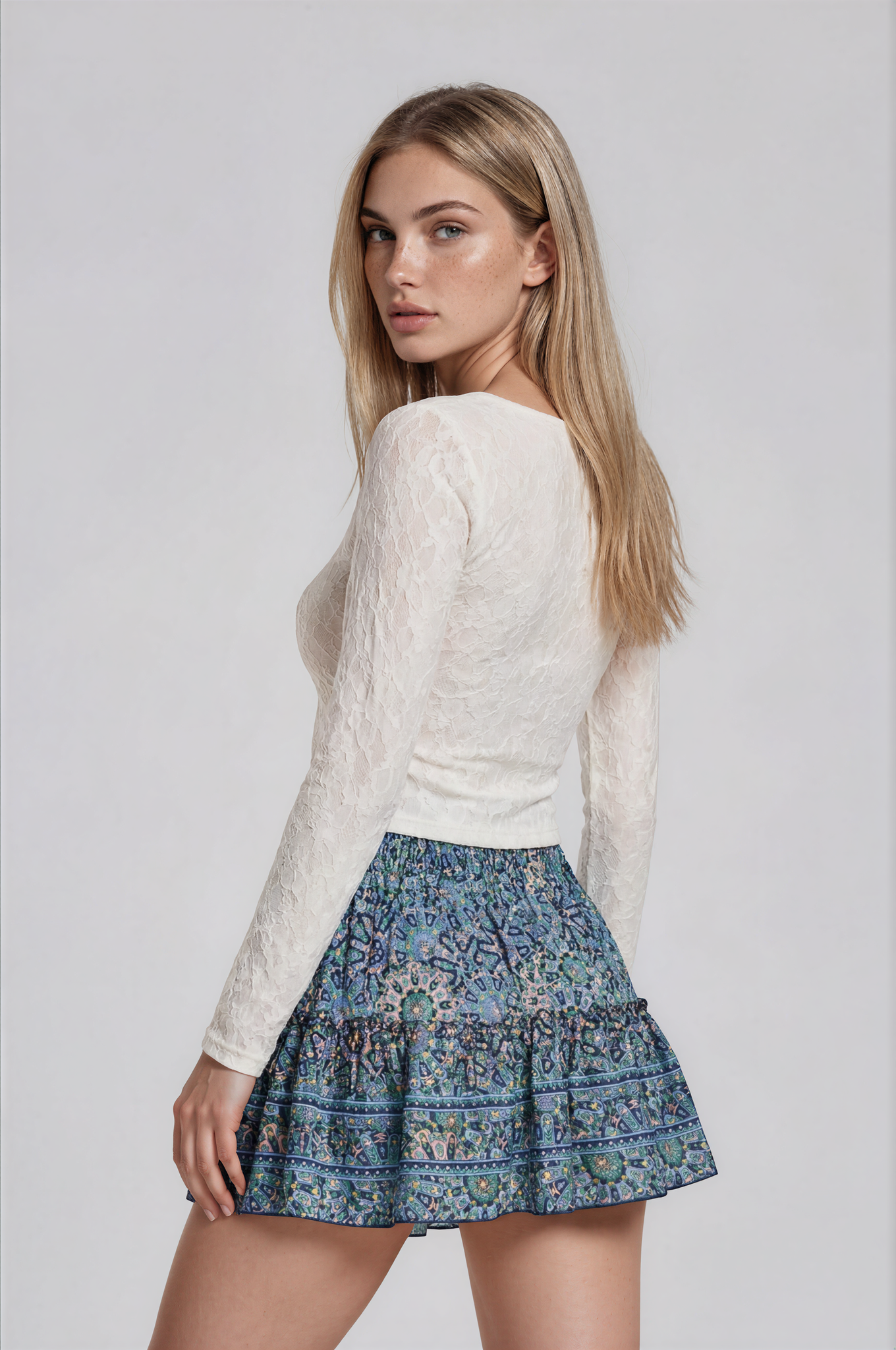 Turkuaz Paisley Bohem Mini Etek