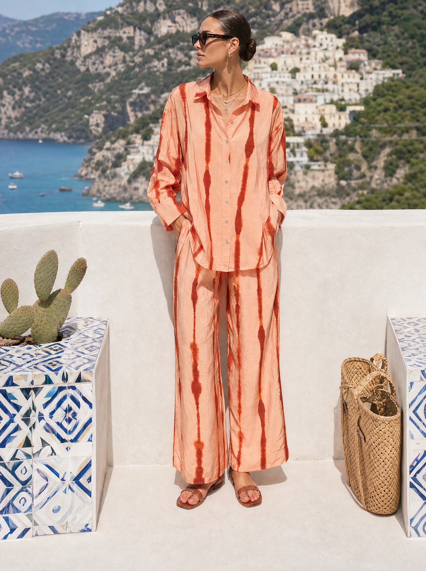 Şeftali Shibori Batik Saten Gömlek Pantolon Takım