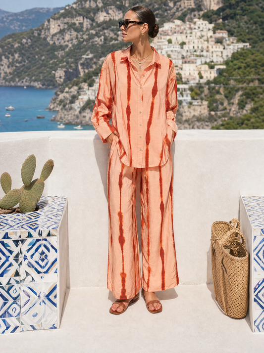 Şeftali Shibori Batik Saten Gömlek Pantolon Takım