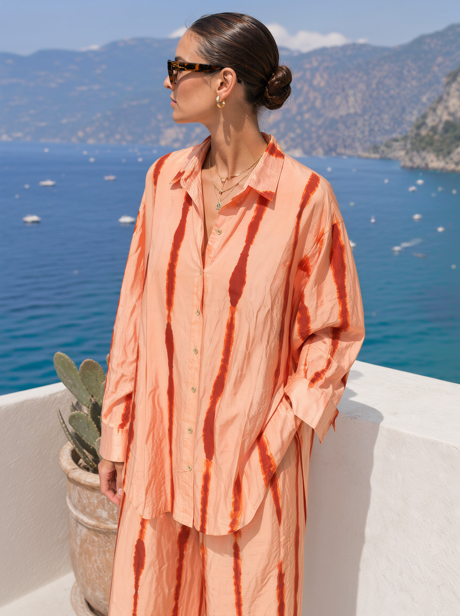Şeftali Shibori Batik Saten Gömlek Pantolon Takım