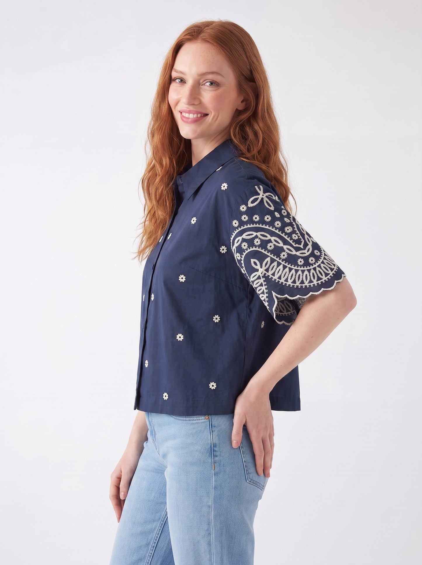 Lacivert Broderie Anglaise Crop Gömlek