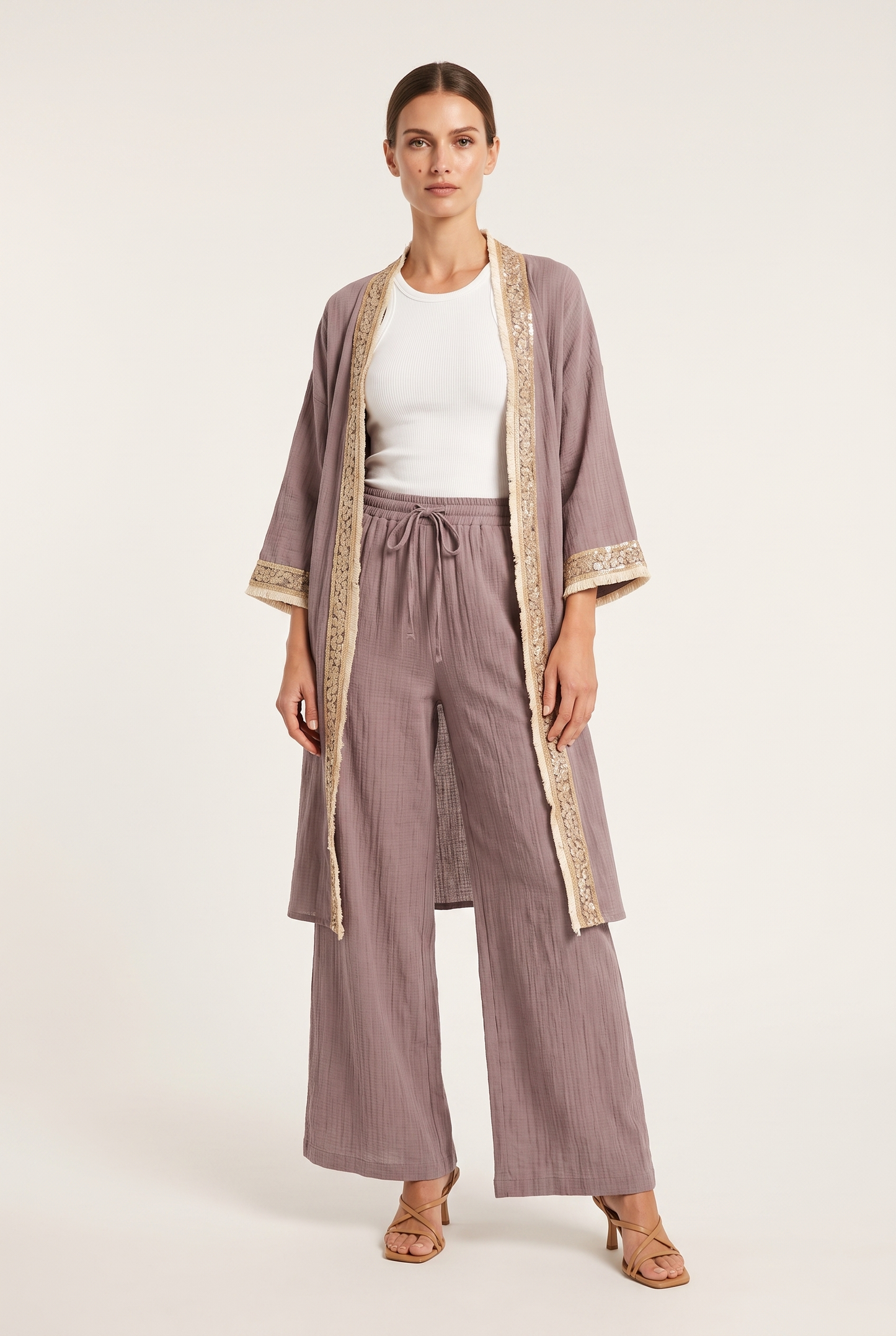 Mürdüm Müslin Payet Bordürlü Kimono Pantolon Takım