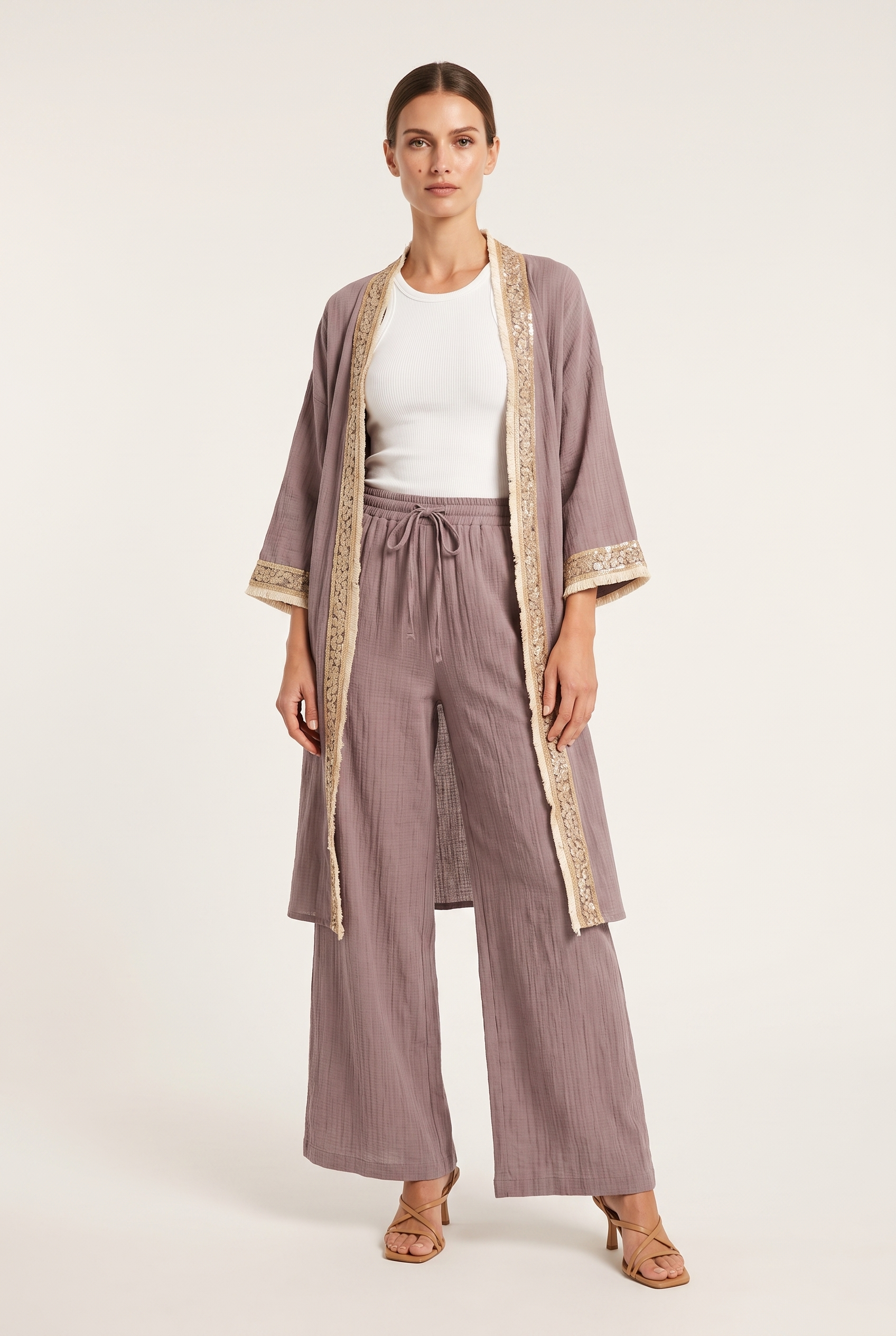 Mürdüm Müslin Payet Bordürlü Kimono Pantolon Takım