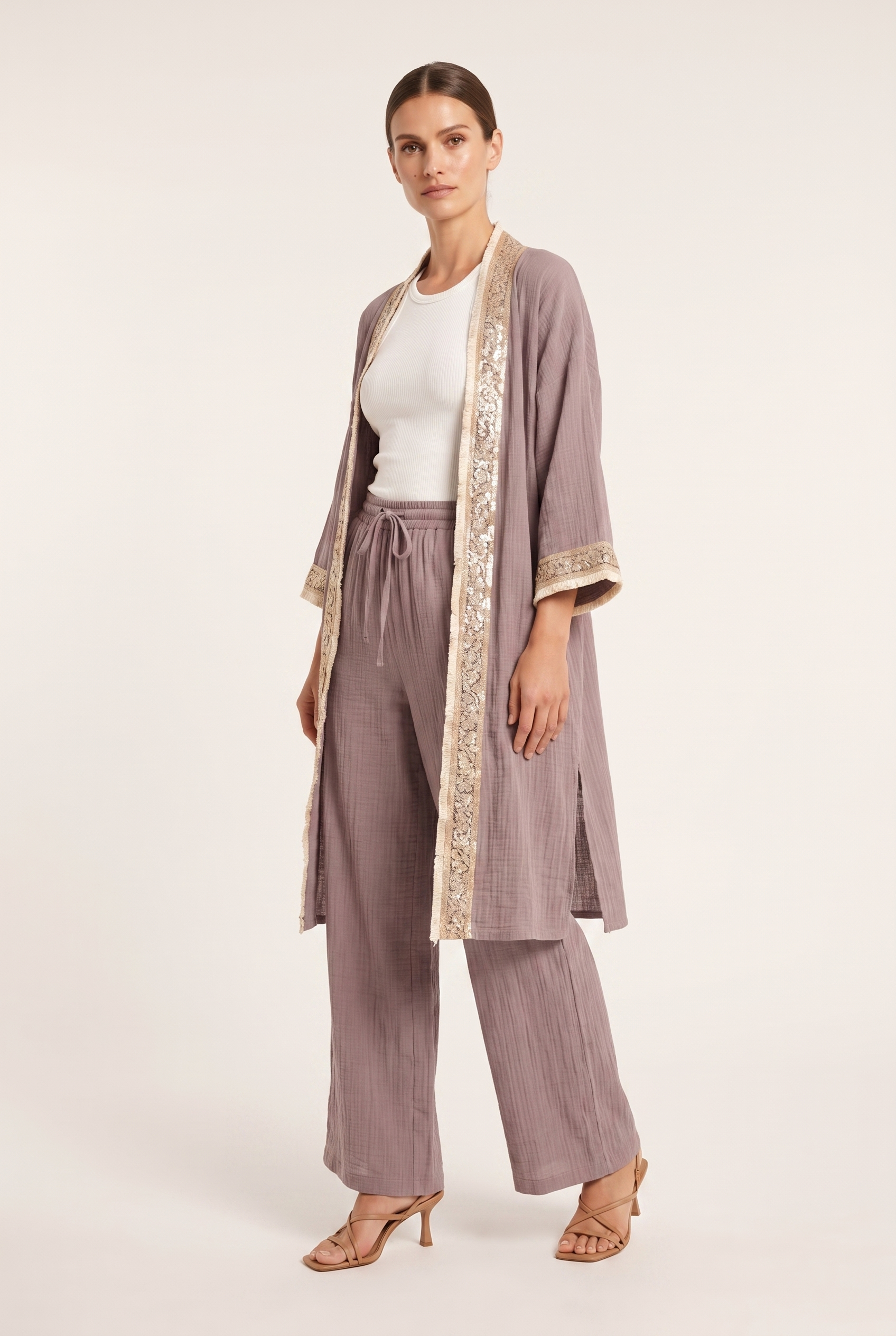Mürdüm Müslin Payet Bordürlü Kimono Pantolon Takım