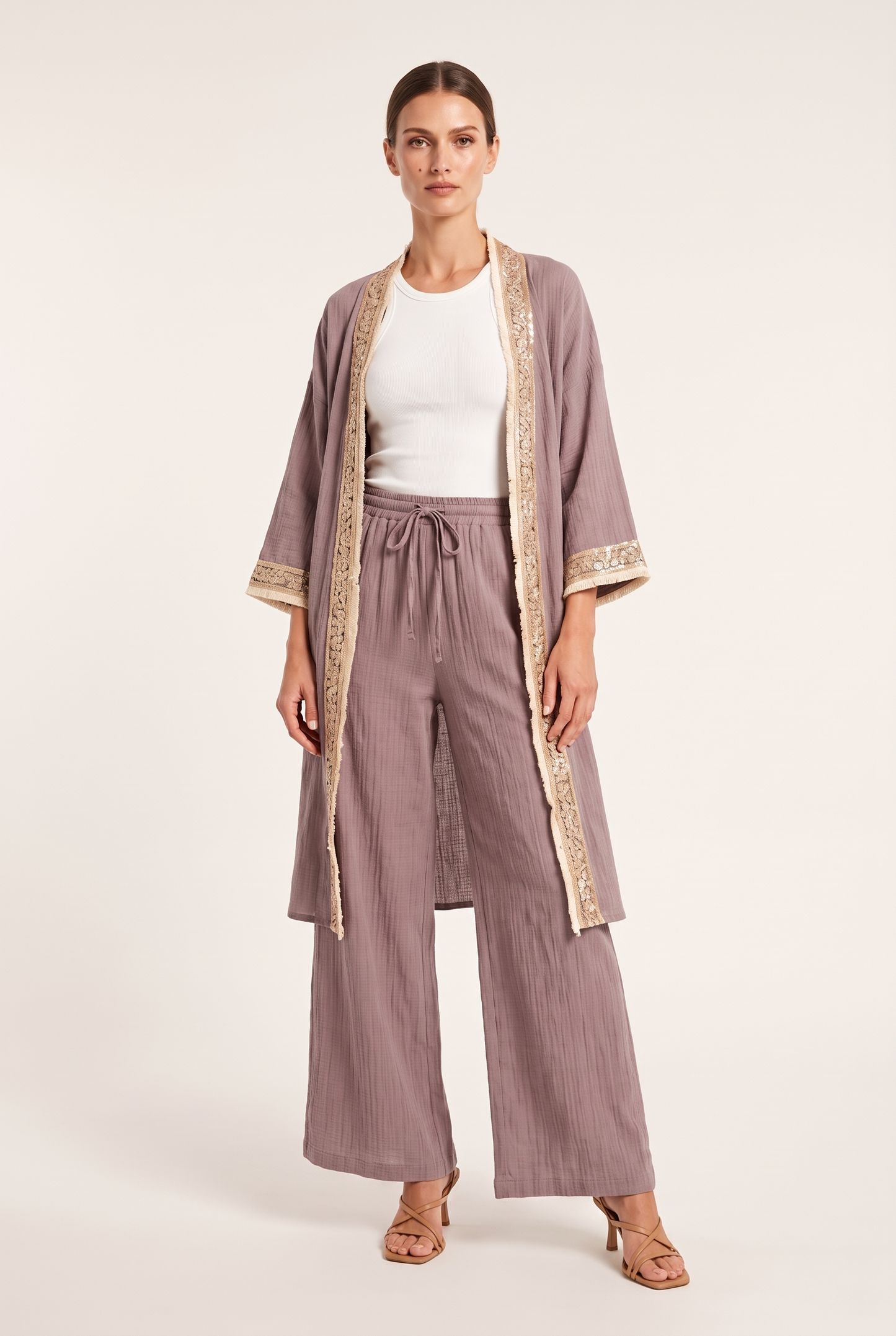 Mürdüm Müslin Payet Bordürlü Kimono Pantolon Takım