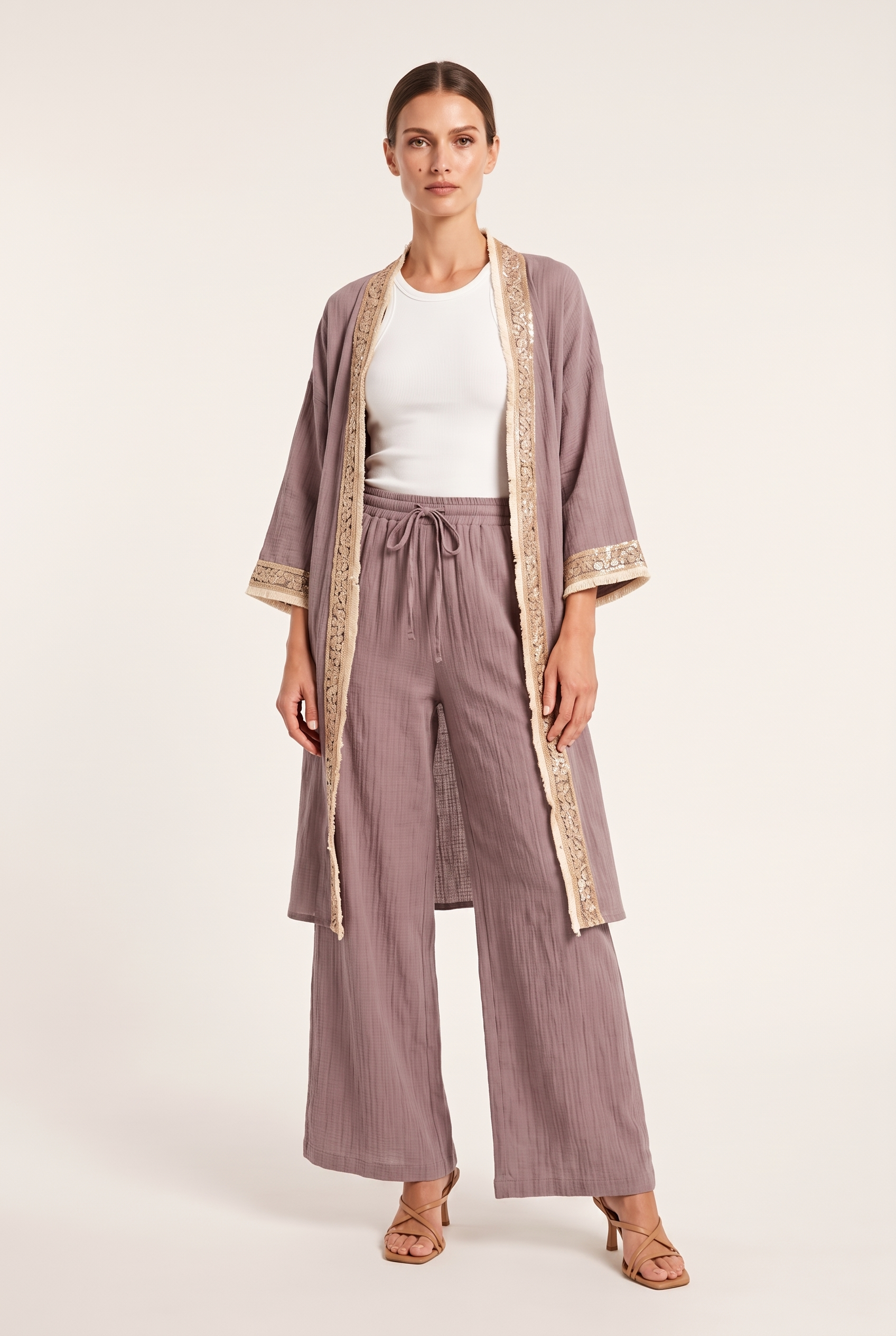Mürdüm Müslin Payet Bordürlü Kimono Pantolon Takım