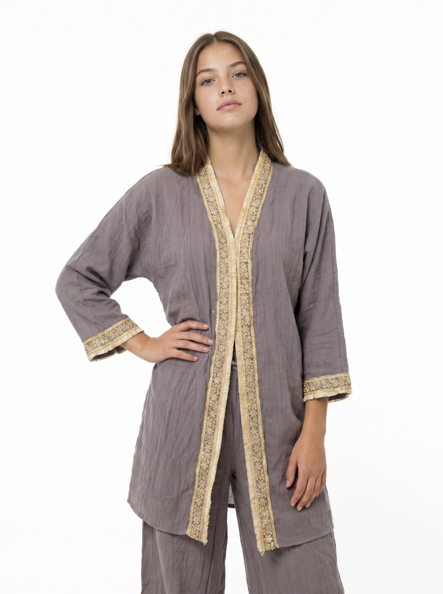 Mürdüm Müslin Payet Bordürlü Kimono Pantolon Takım