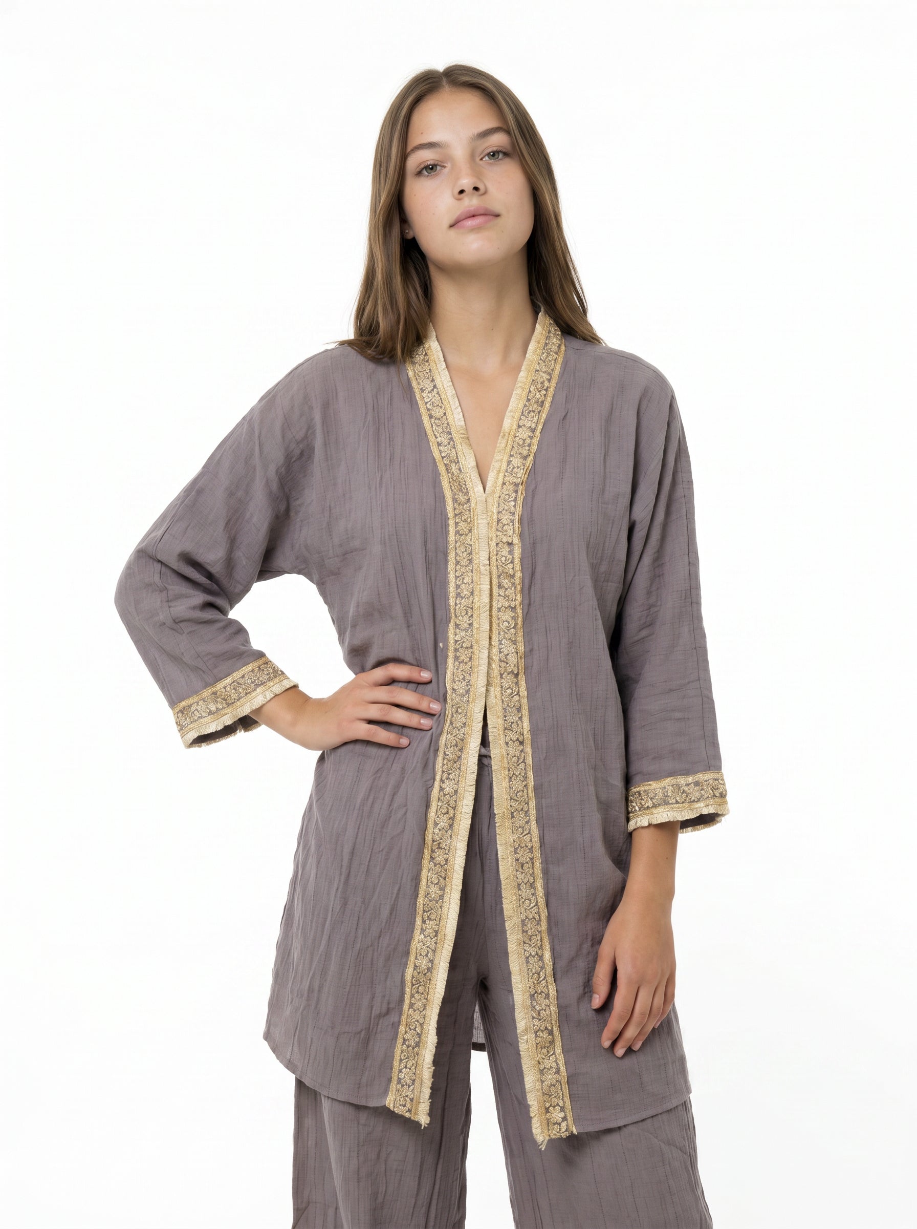 Mürdüm Müslin Payet Bordürlü Kimono Pantolon Takım