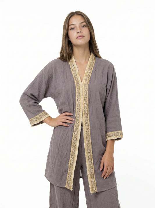 Mürdüm Müslin Payet Bordürlü Kimono Pantolon Takım