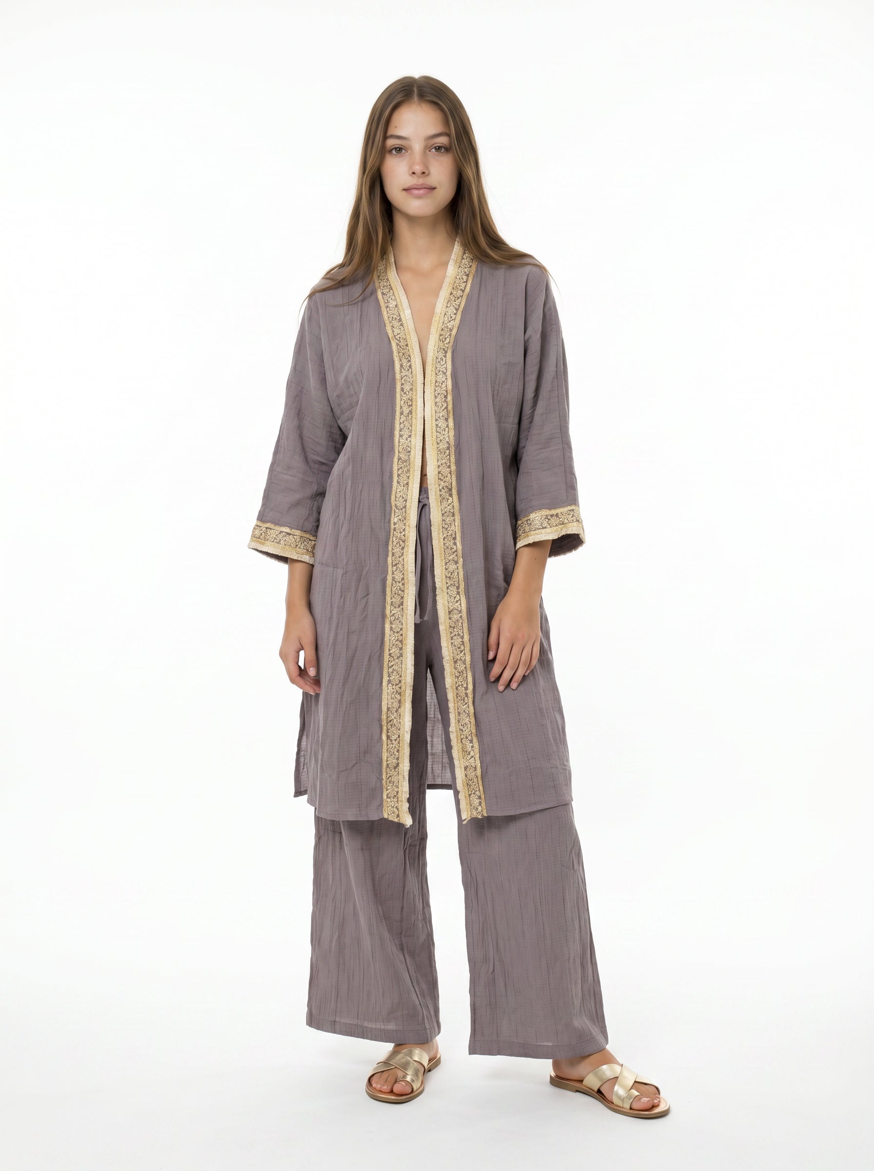 Mürdüm Müslin Payet Bordürlü Kimono Pantolon Takım