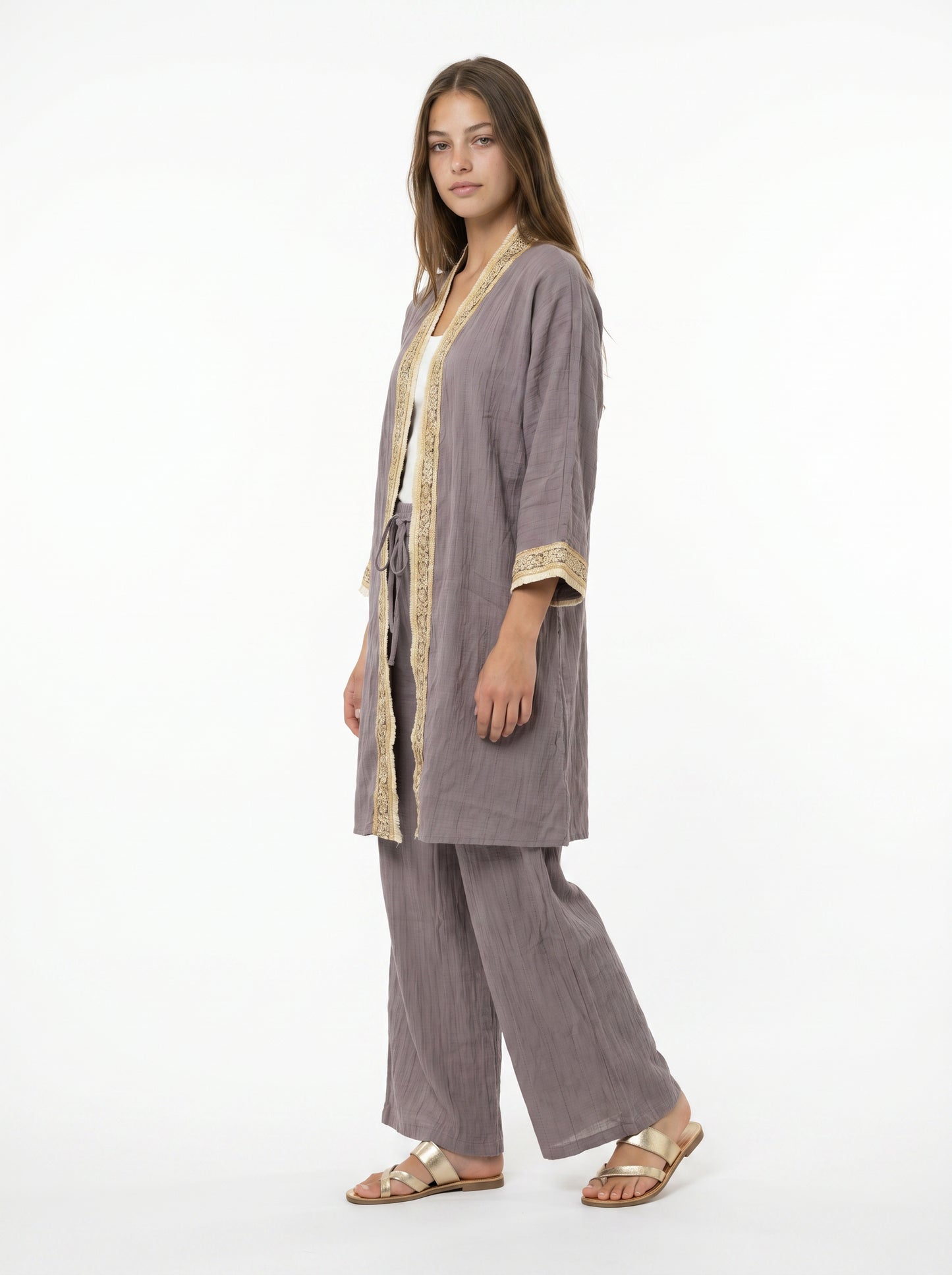 Mürdüm Müslin Payet Bordürlü Kimono Pantolon Takım