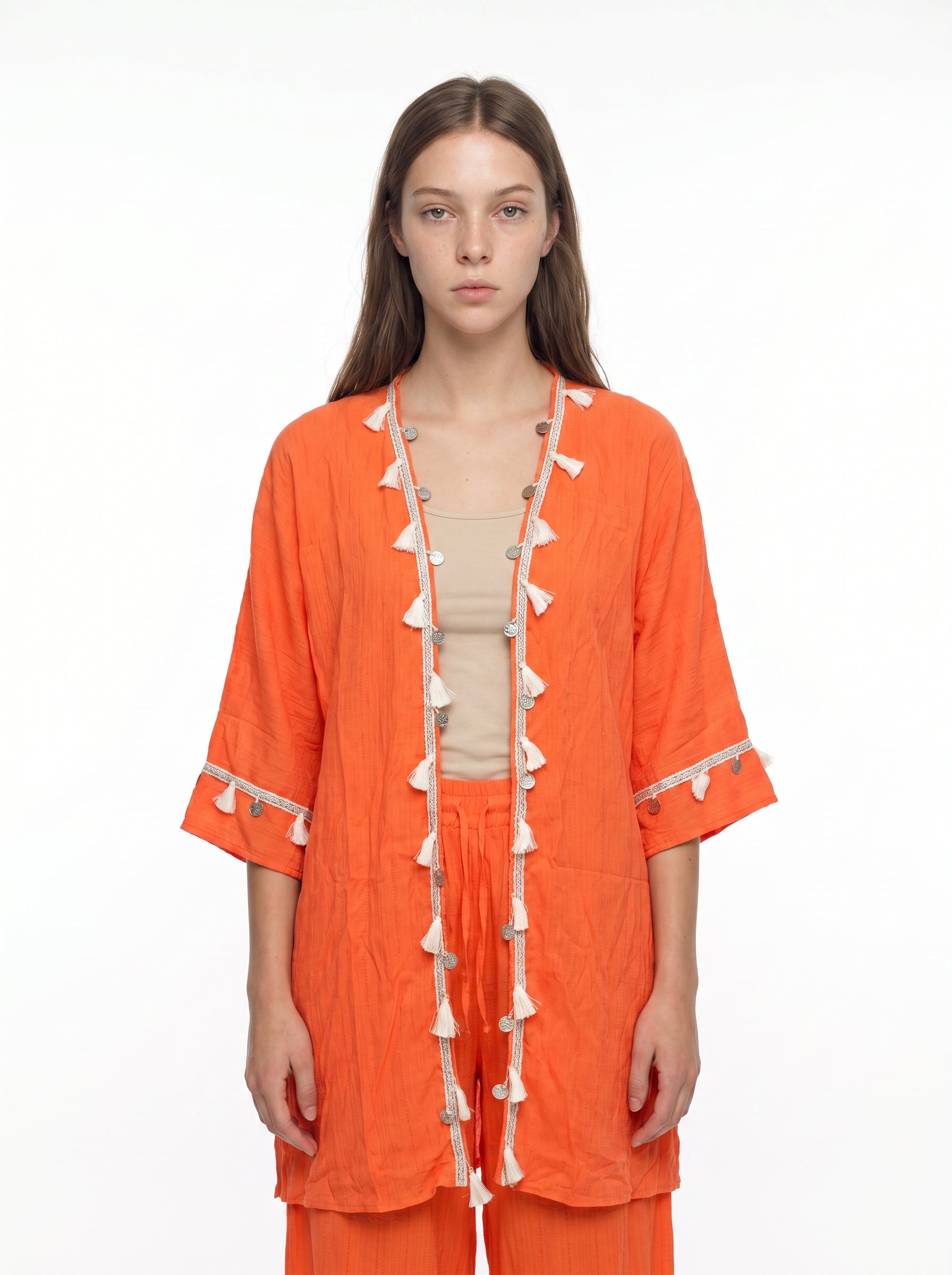 Turuncu Gofre Püskül Bordürlü Kimono Pantolon Takım