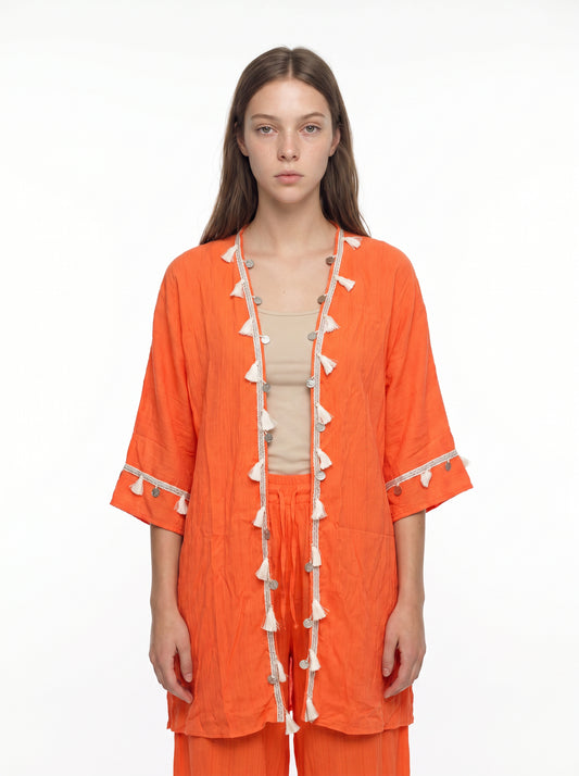 Turuncu Gofre Püskül Bordürlü Kimono Pantolon Takım