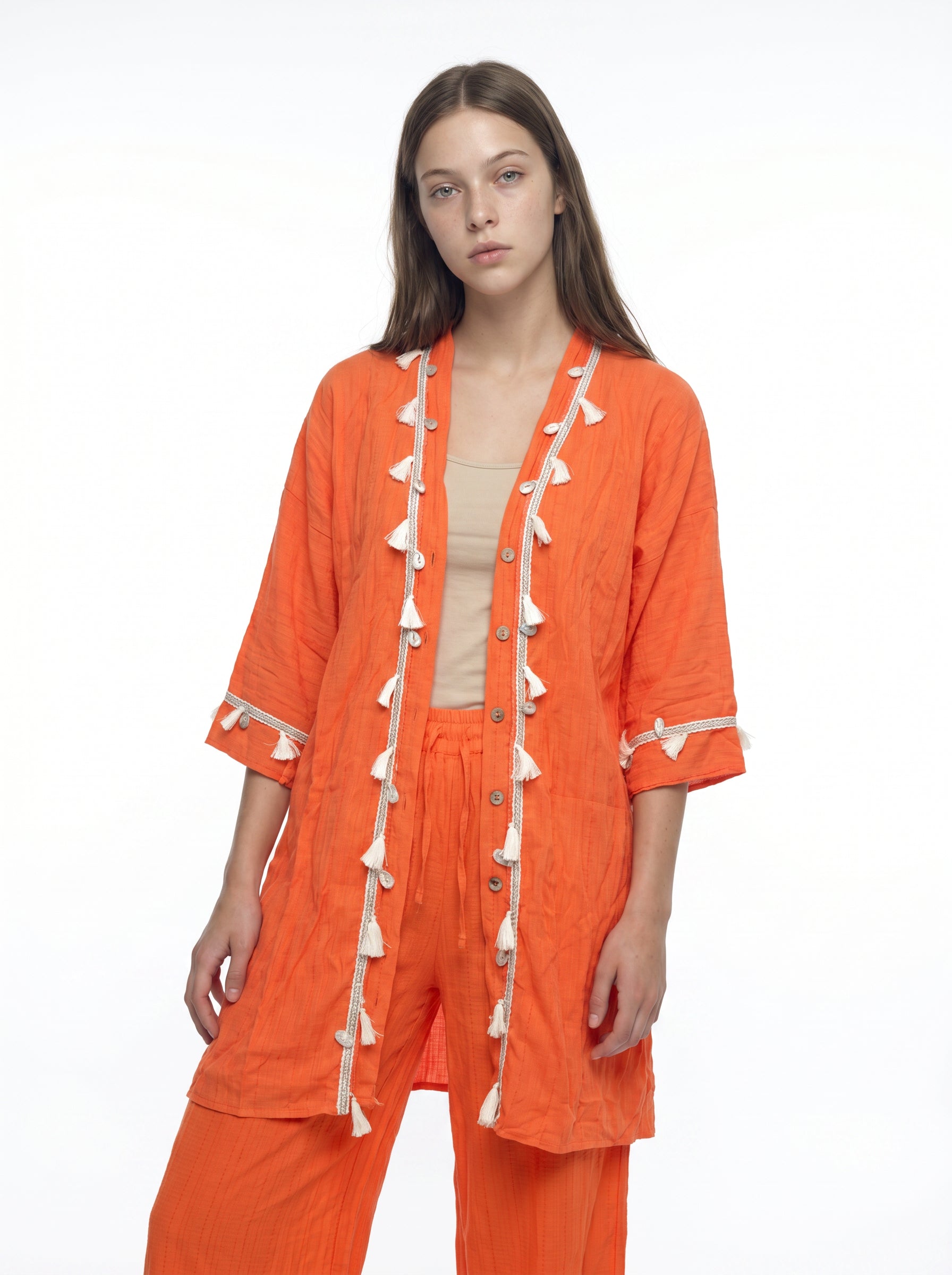 Turuncu Gofre Püskül Bordürlü Kimono Pantolon Takım