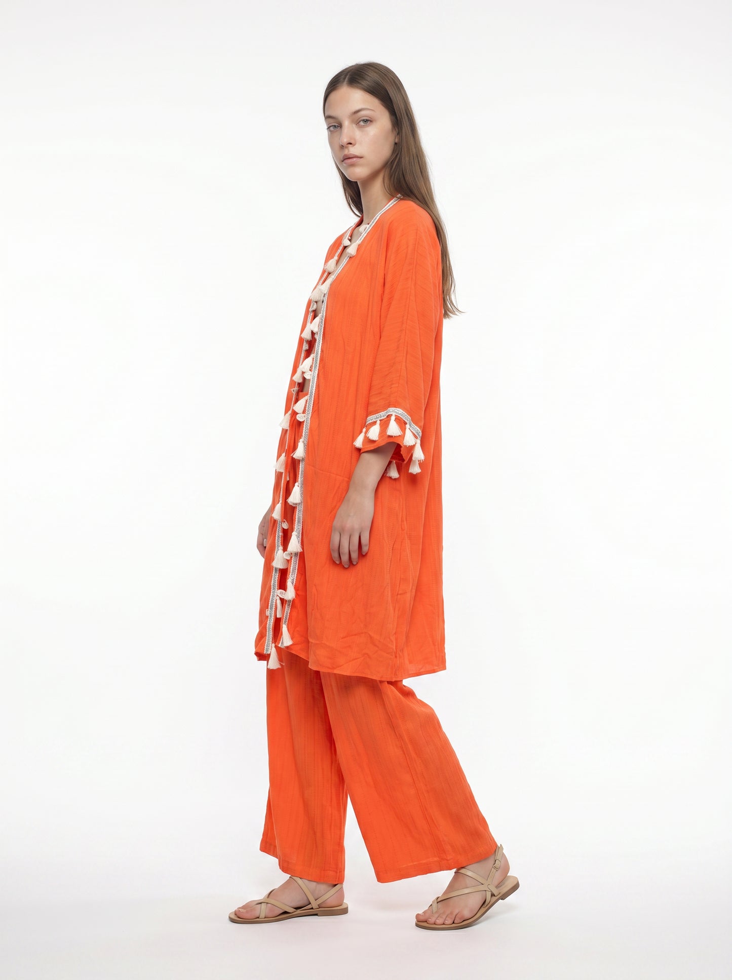 Turuncu Gofre Püskül Bordürlü Kimono Pantolon Takım
