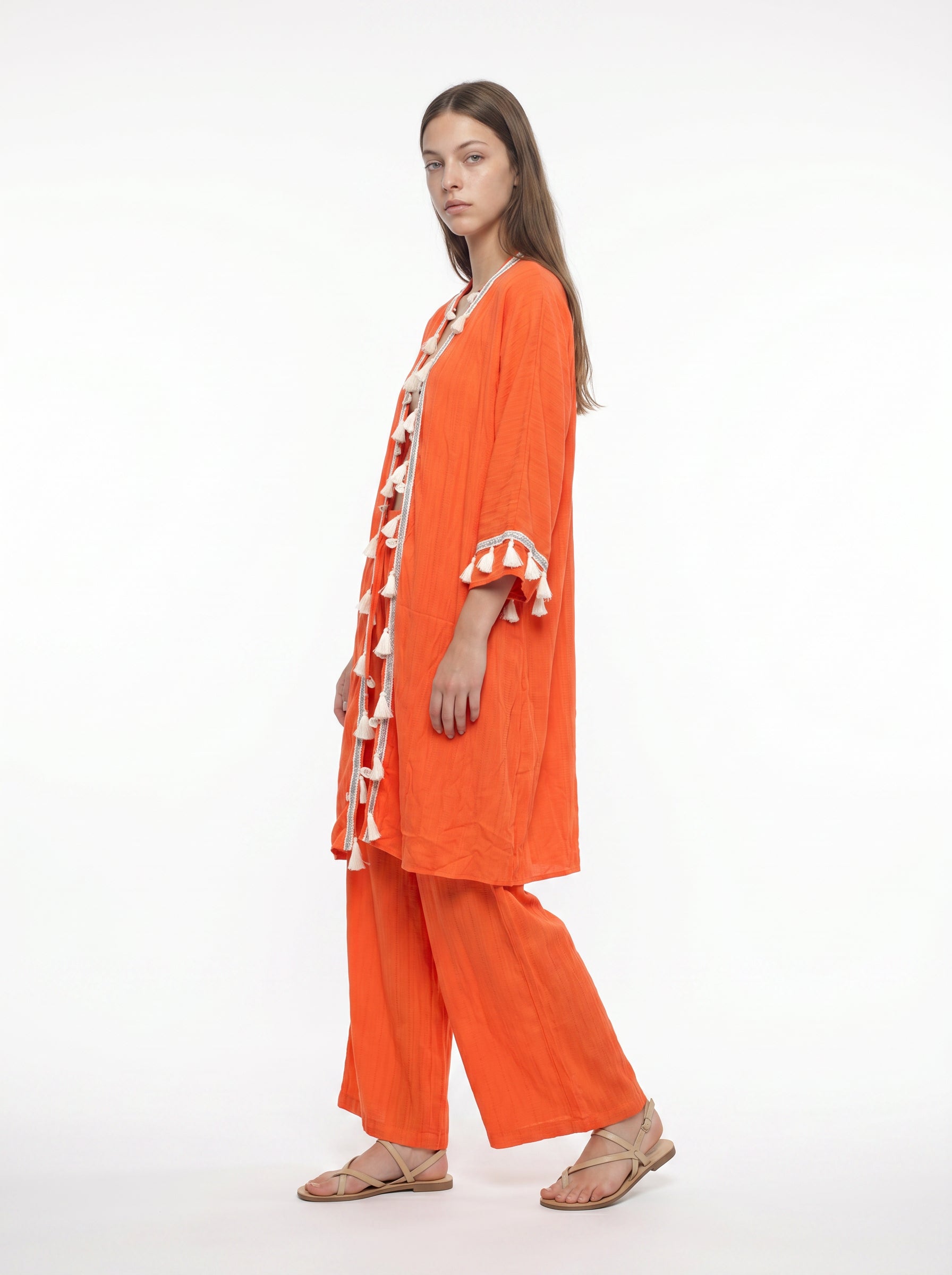 Turuncu Gofre Püskül Bordürlü Kimono Pantolon Takım
