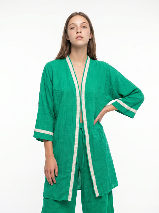 Çimen Yeşili Boncuk Bordürlü Müslin Kimono Pantolon Takım