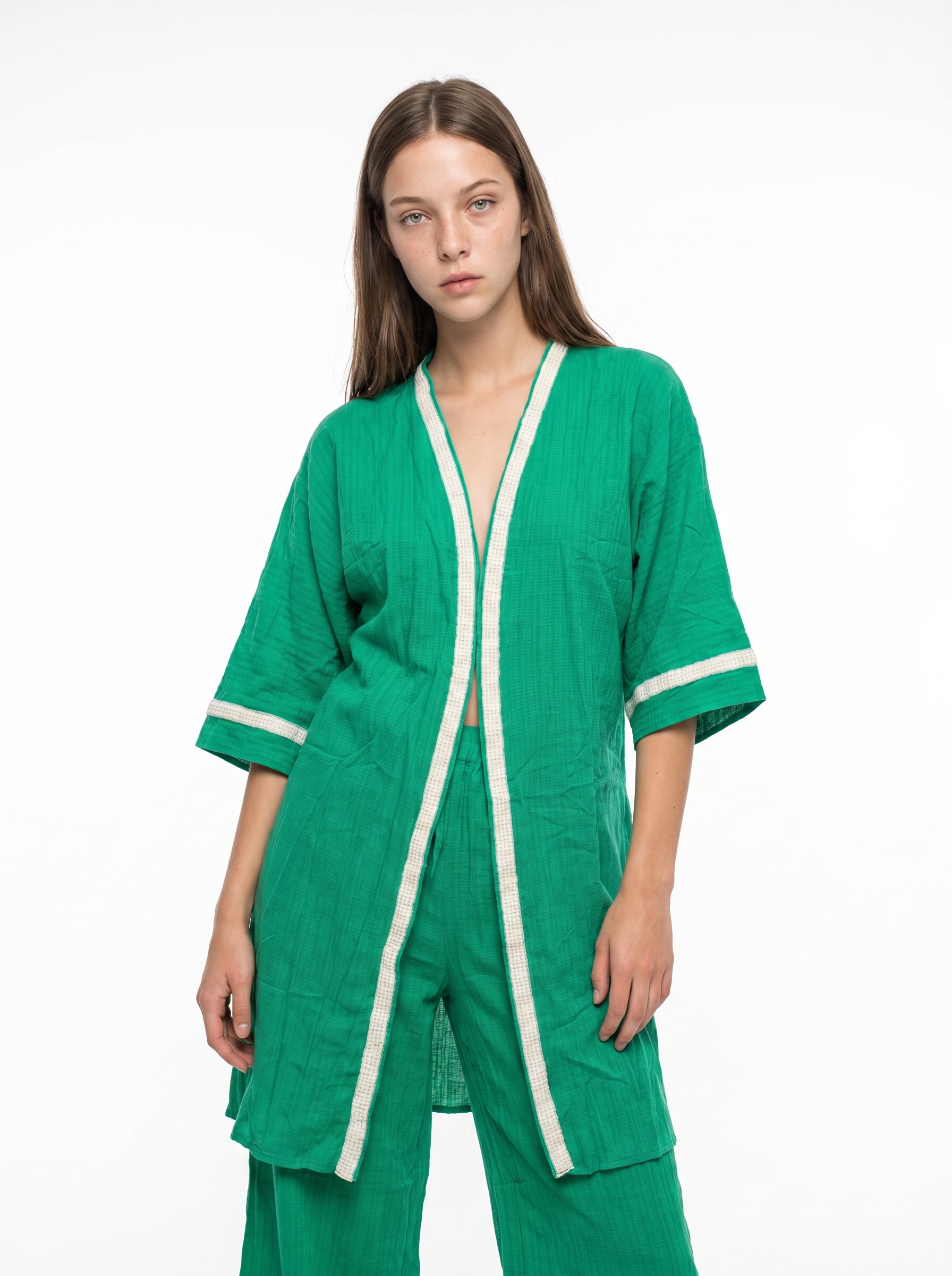 Çimen Yeşili Boncuk Bordürlü Müslin Kimono Pantolon Takım