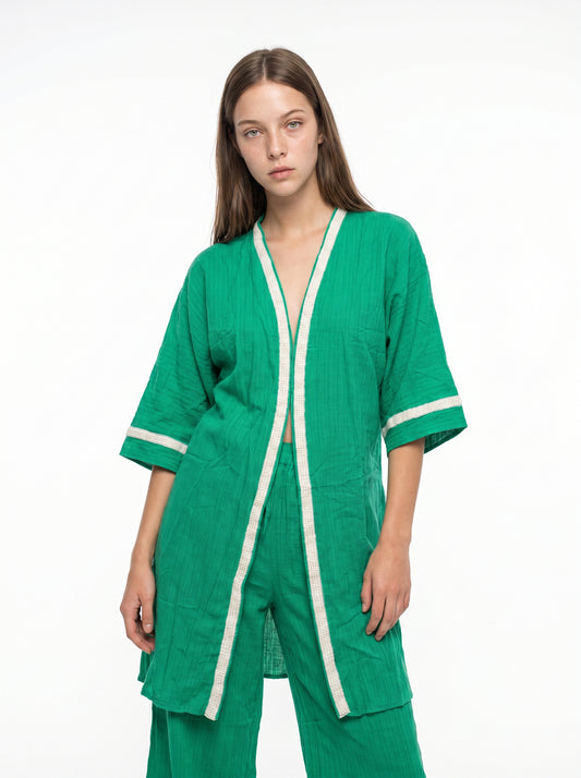 Çimen Yeşili Boncuk Bordürlü Müslin Kimono Pantolon Takım
