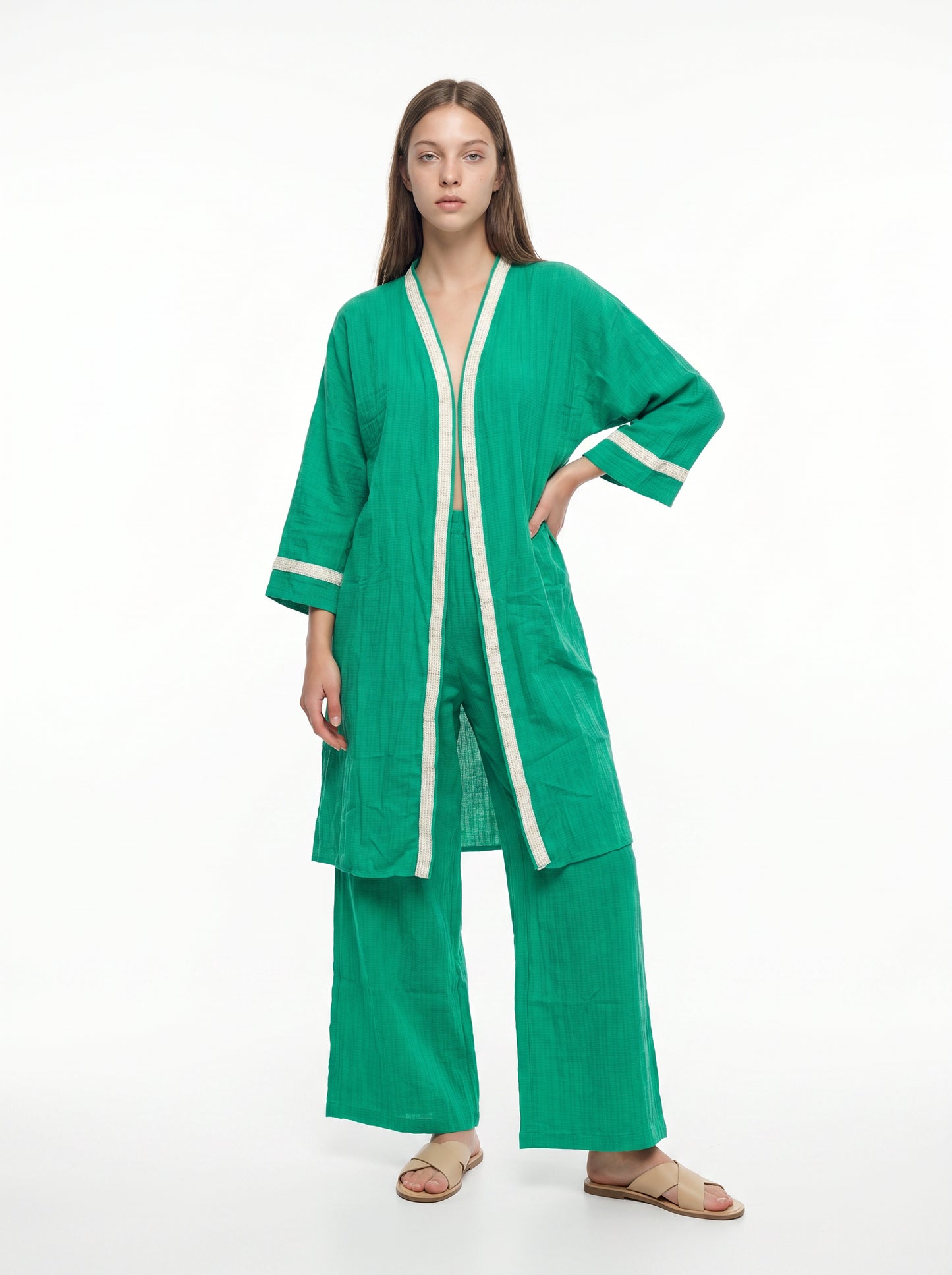 Çimen Yeşili Boncuk Bordürlü Müslin Kimono Pantolon Takım