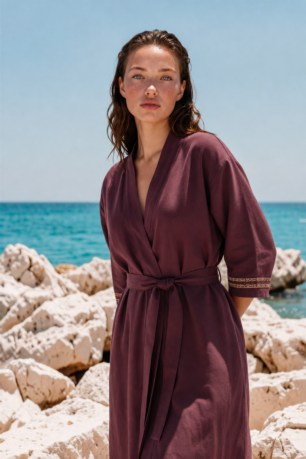 Bordo Etnik Dokuma Keten Kimono