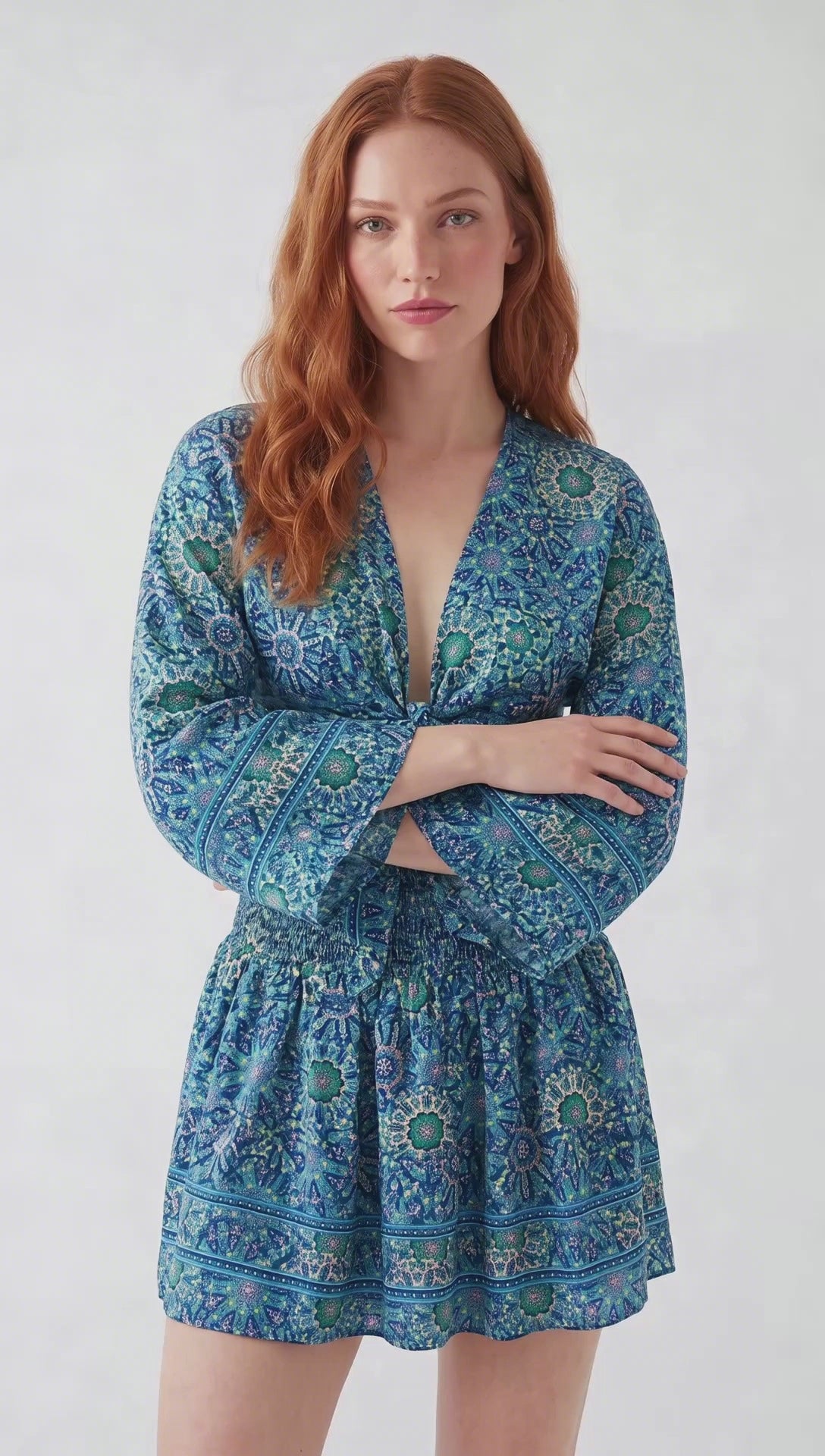 Mavi Mandala Baskılı Crop Mini Etek Takım
