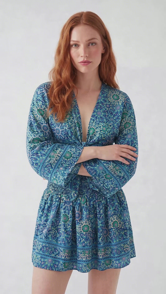 Mavi Mandala Baskılı Crop Mini Etek Takım