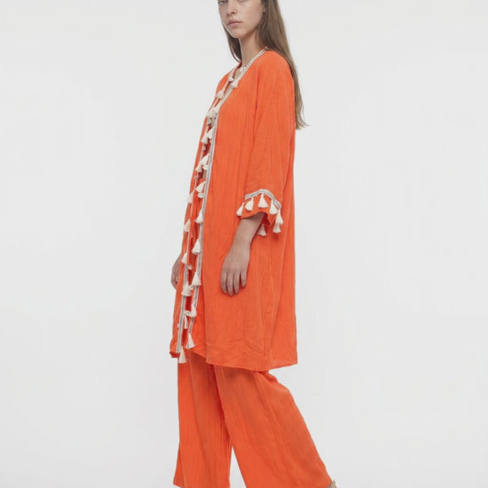Turuncu Gofre Püskül Bordürlü Kimono Pantolon Takım