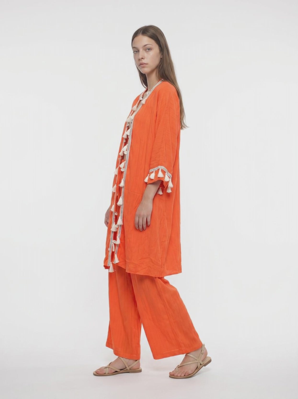 Turuncu Gofre Püskül Bordürlü Kimono Pantolon Takım