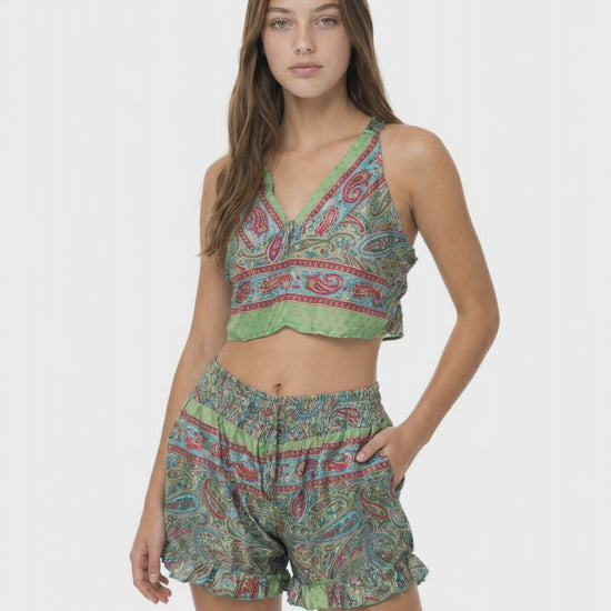 Yeşil Paisley İpek Saten Crop Şort Takım