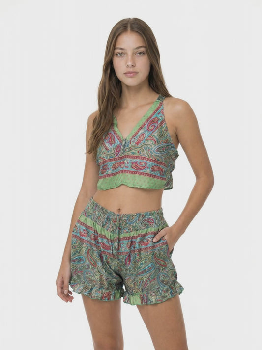 Yeşil Paisley İpek Saten Crop Şort Takım