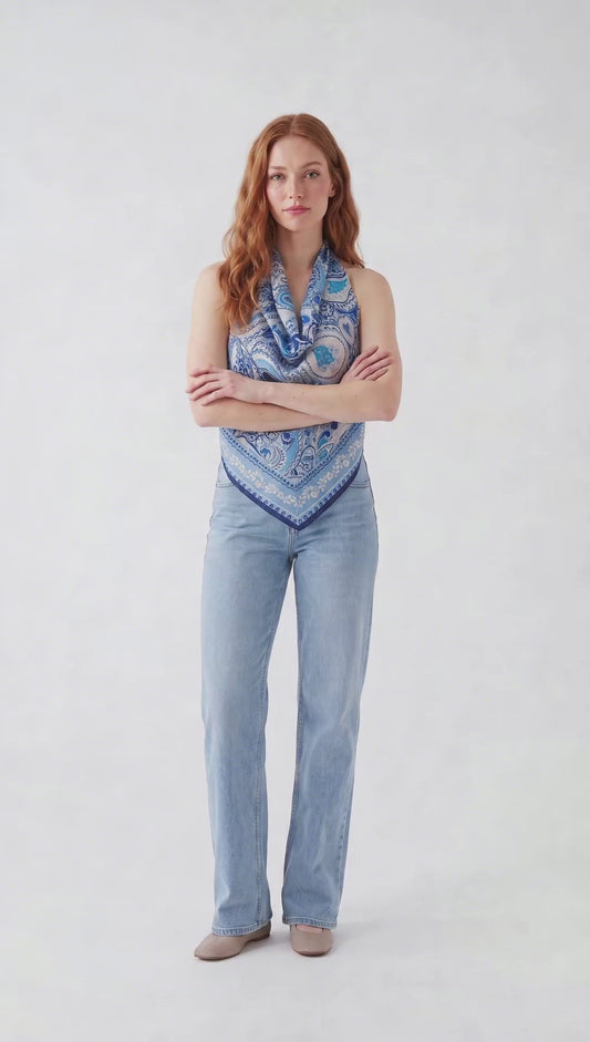 Mavi Paisley Saten Halter Fular Bluz