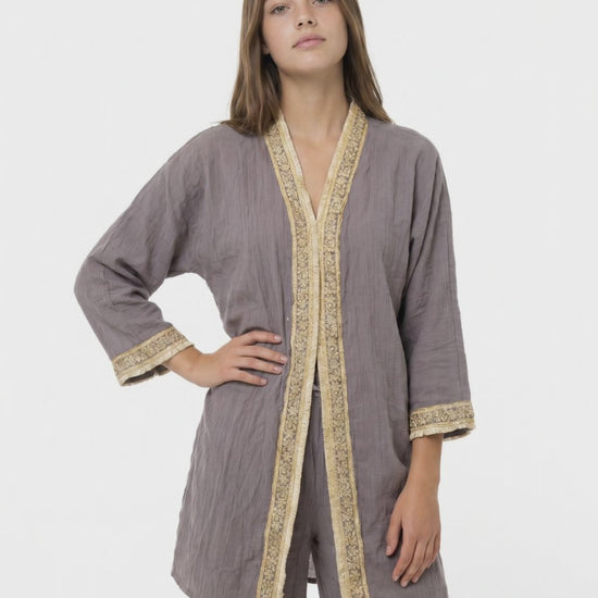 Mürdüm Müslin Payet Bordürlü Kimono Pantolon Takım