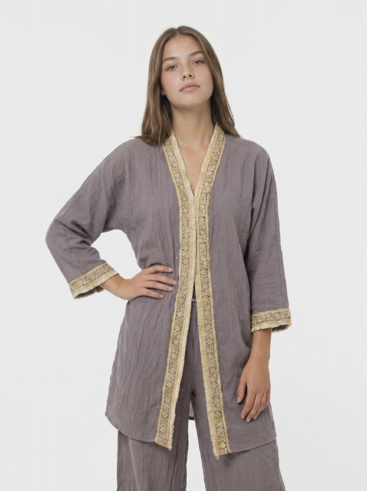 Mürdüm Müslin Payet Bordürlü Kimono Pantolon Takım