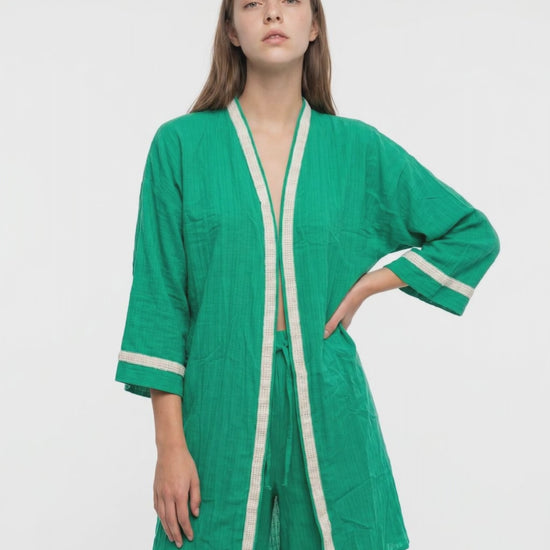 Çimen Yeşili Boncuk Bordürlü Müslin Kimono Pantolon Takım