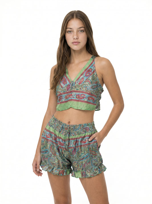 Yeşil Paisley İpek Saten Crop Şort Takım